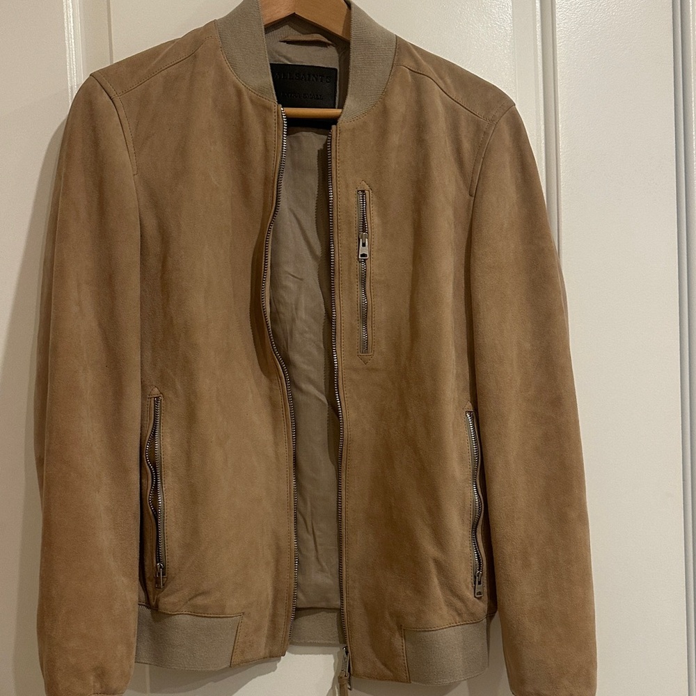 AllSaints Tan Suede Bomber Jacket